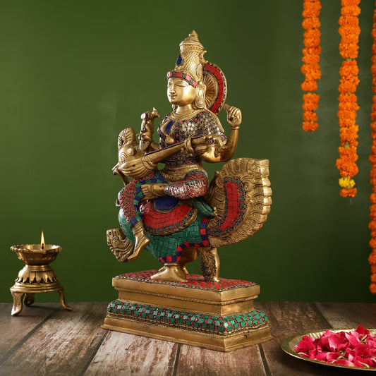 Exquisite Brass Saraswati Statue | 19.5" Height