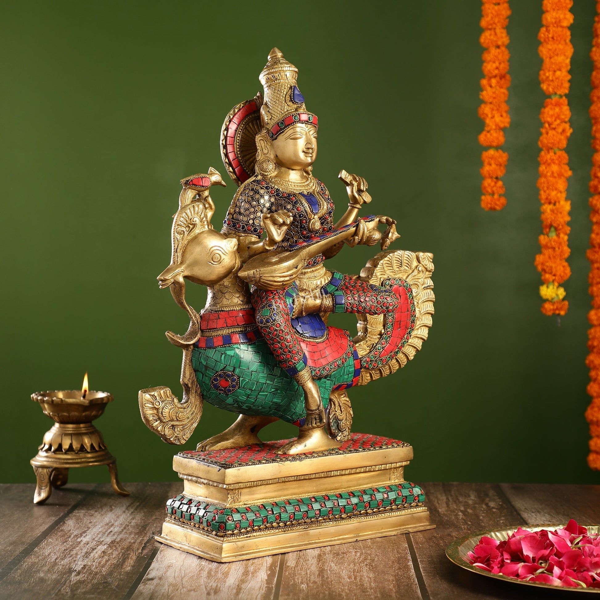 Exquisite Brass Saraswati Statue | 19.5" Height