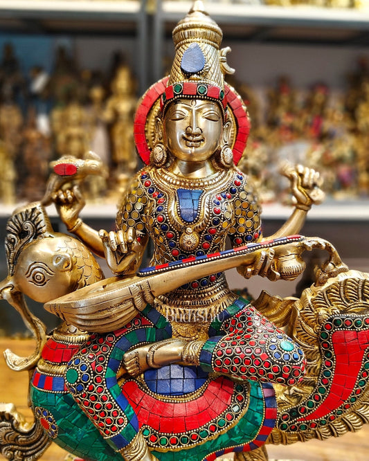 Exquisite Brass Saraswati Statue | 19.5" Height