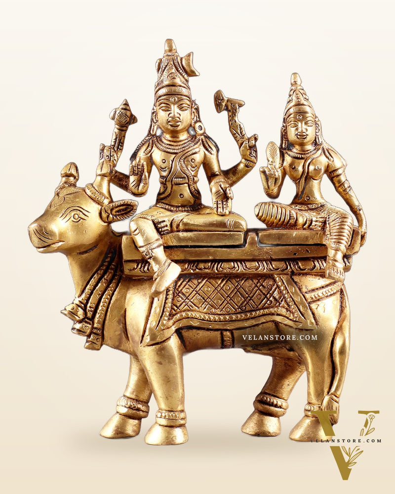 Exquisite Brass Shiva Parvati Seated on Nandi Statue - 6" Pradosh Idol
