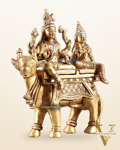 Exquisite Brass Shiva Parvati Seated on Nandi Statue - 6" Pradosh Idol