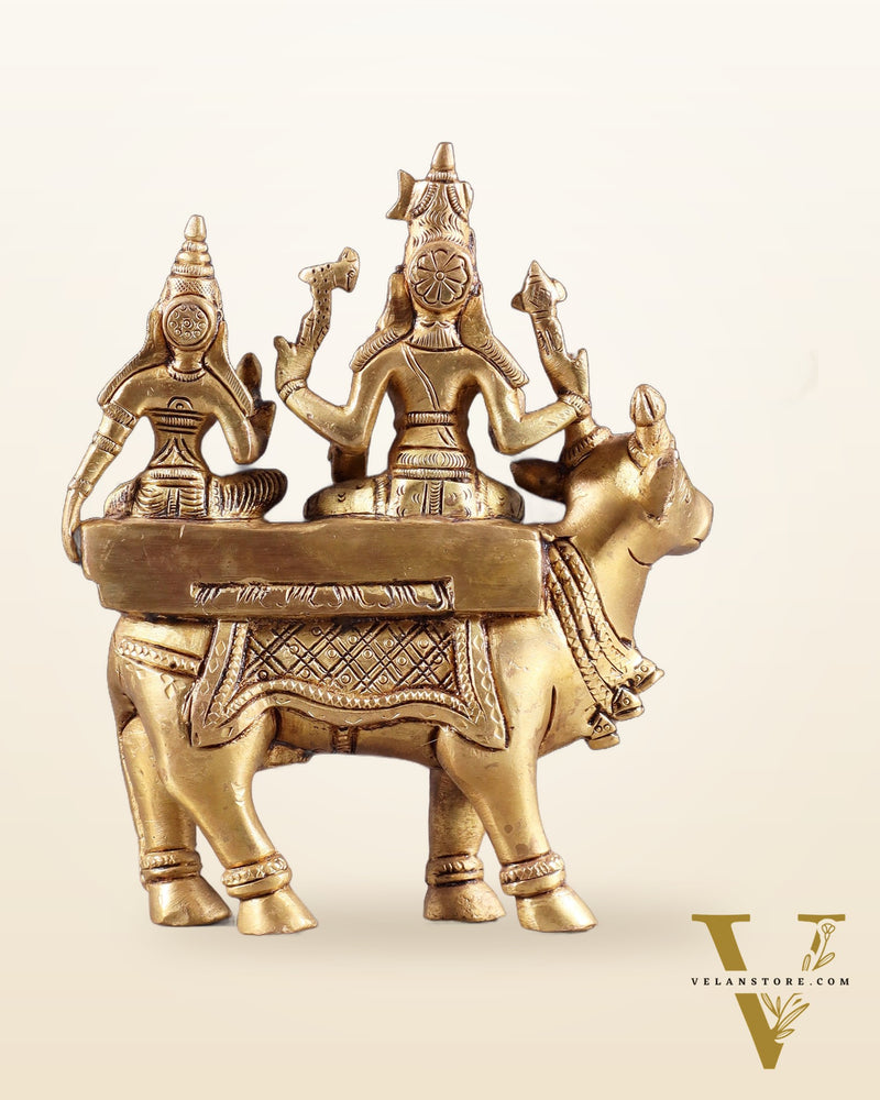 Exquisite Brass Shiva Parvati Seated on Nandi Statue - 6" Pradosh Idol