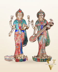 Exquisite Brass Standing Dhan Lakshmi and Saraswati Murti Set - 25" Finely Crafted Idols