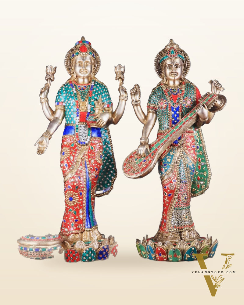 Exquisite Brass Standing Dhan Lakshmi and Saraswati Murti Set - 25" Finely Crafted Idols