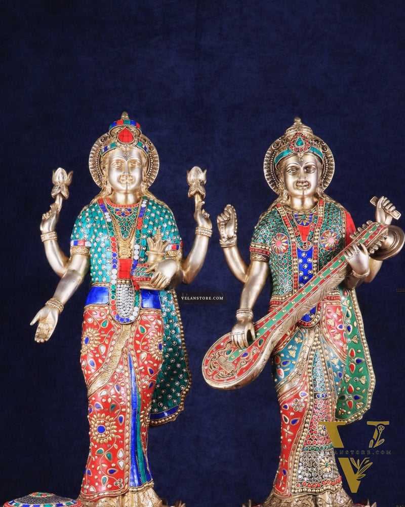 Exquisite Brass Standing Dhan Lakshmi and Saraswati Murti Set - 25" Finely Crafted Idols