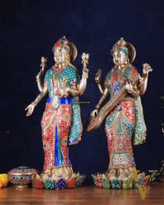 Exquisite Brass Standing Dhan Lakshmi and Saraswati Murti Set - 25" Finely Crafted Idols