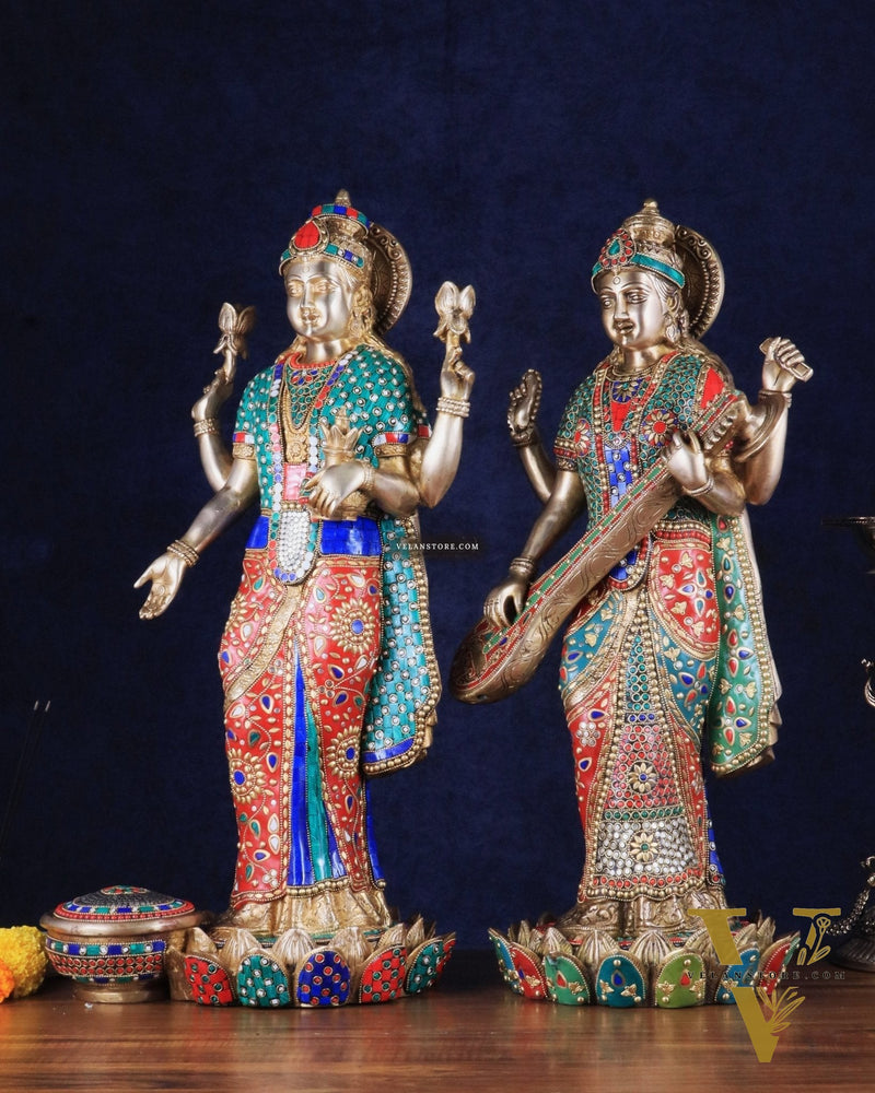 Exquisite Brass Standing Dhan Lakshmi and Saraswati Murti Set - 25" Finely Crafted Idols