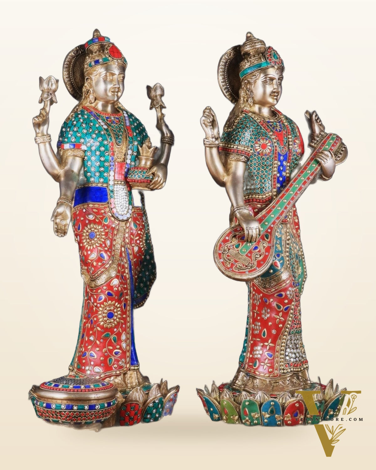 Exquisite Brass Standing Dhan Lakshmi and Saraswati Murti Set - 25" Finely Crafted Idols