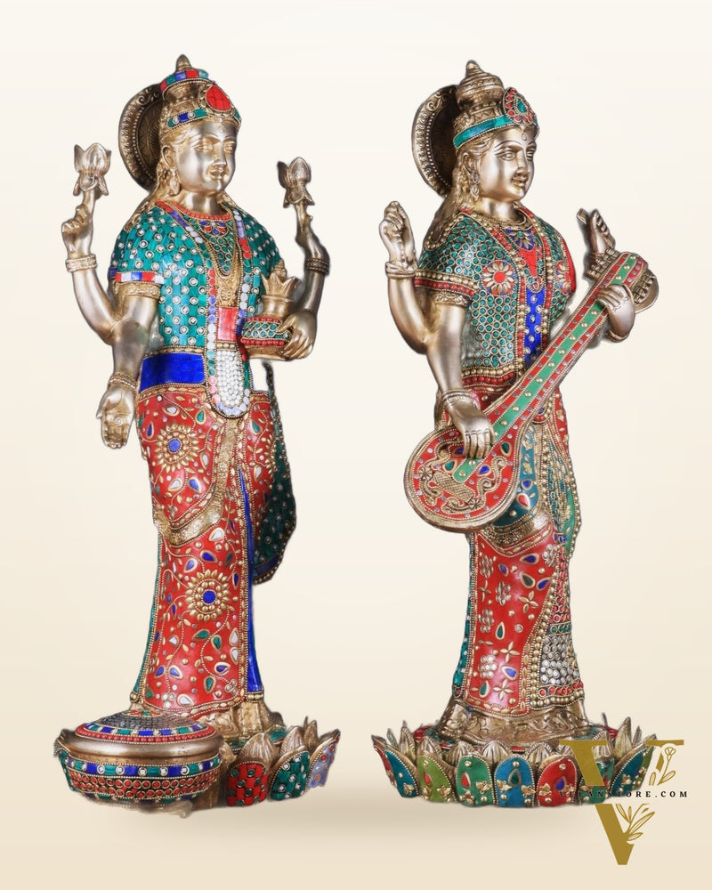 Exquisite Brass Standing Dhan Lakshmi and Saraswati Murti Set - 25" Finely Crafted Idols