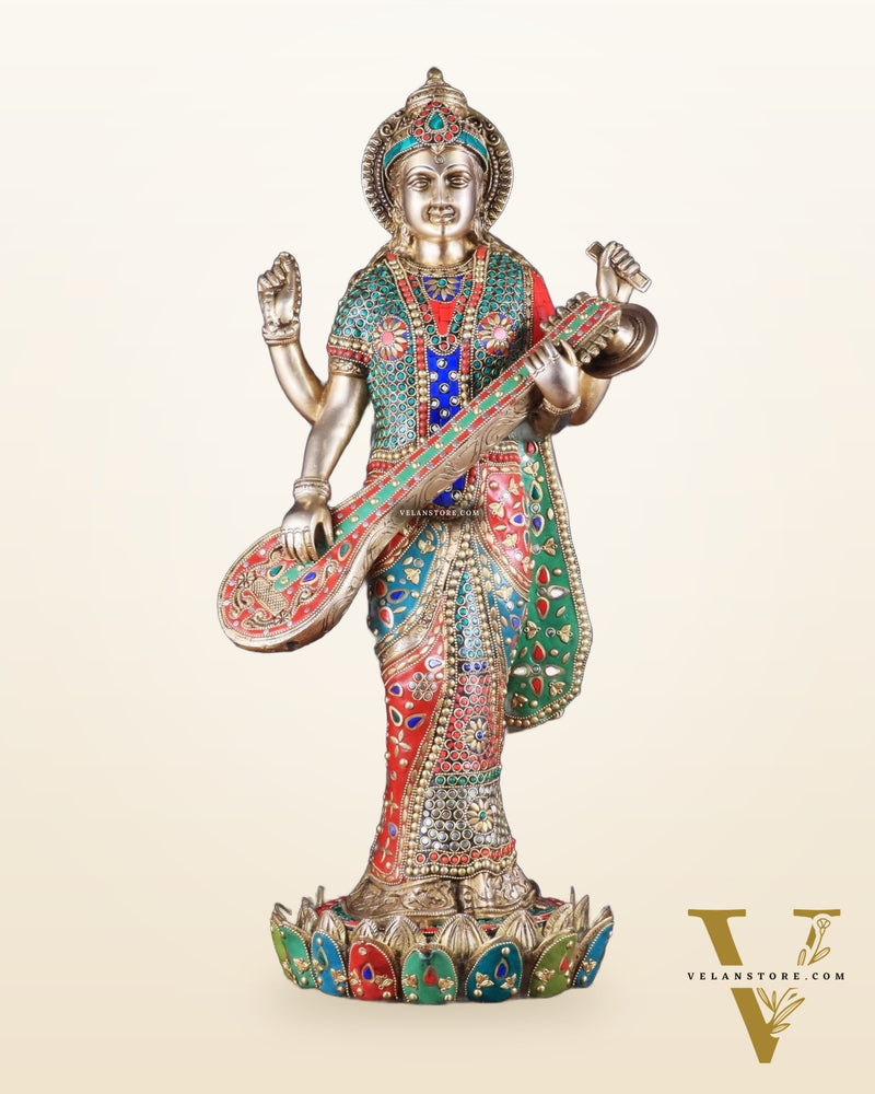 Exquisite Brass Standing Dhan Lakshmi and Saraswati Murti Set - 25" Finely Crafted Idols