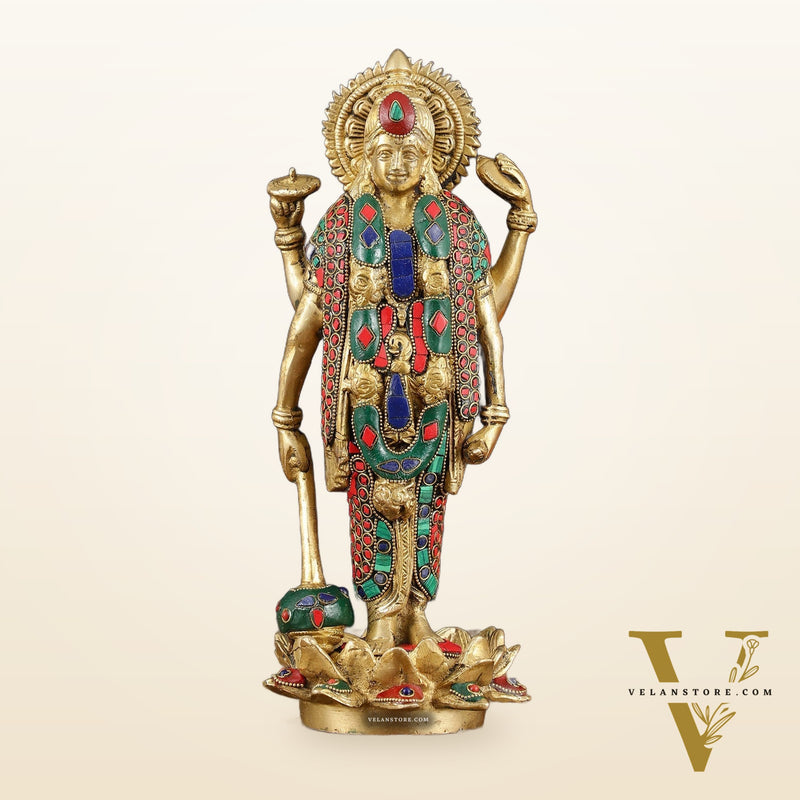 Exquisite Brass Standing satyanarayan Vishnu Statue on Lotus Base - 12.5 Inches
