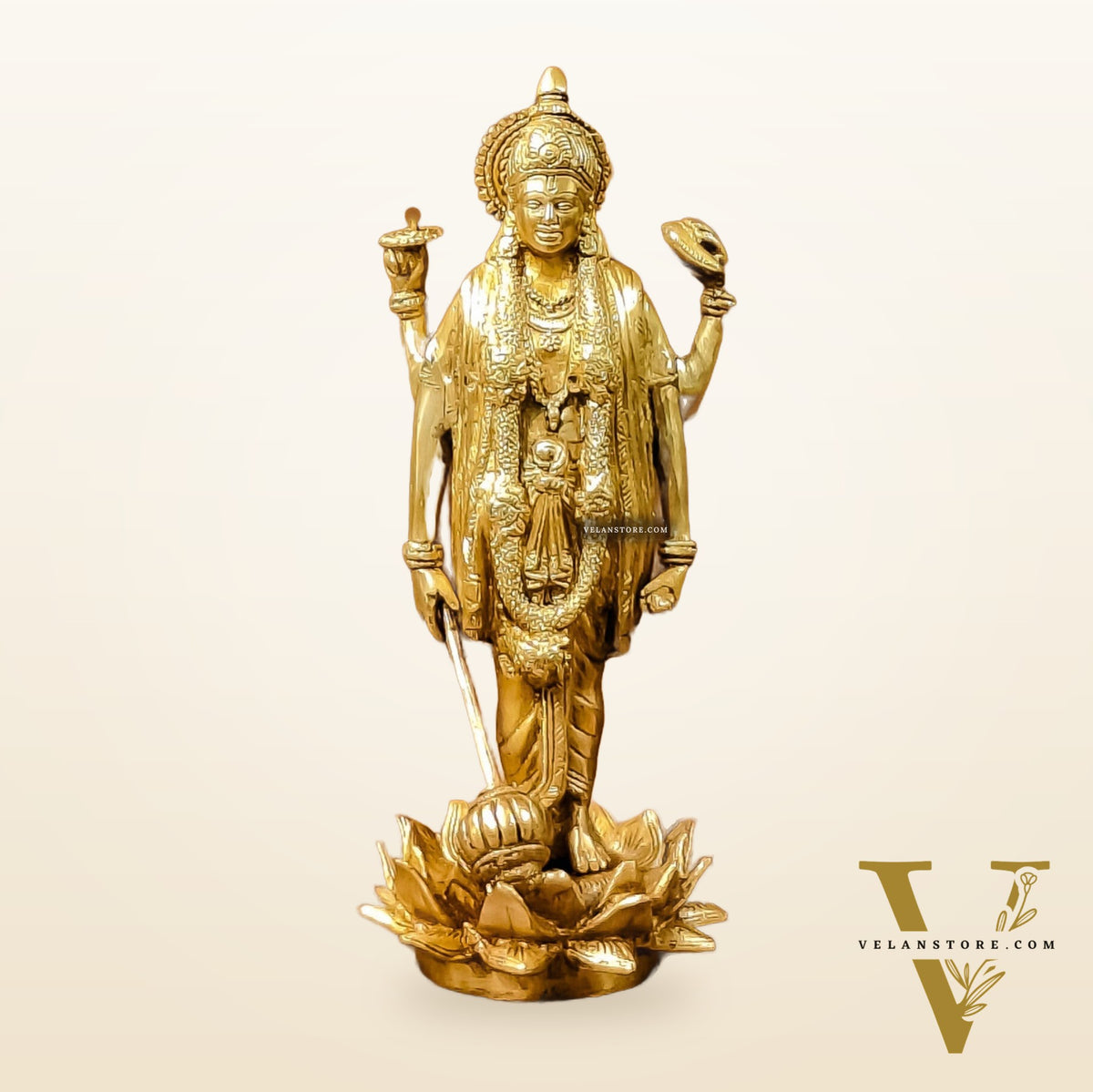 Exquisite Brass Standing Vishnu Statue on Lotus Base - 12.5 Inches