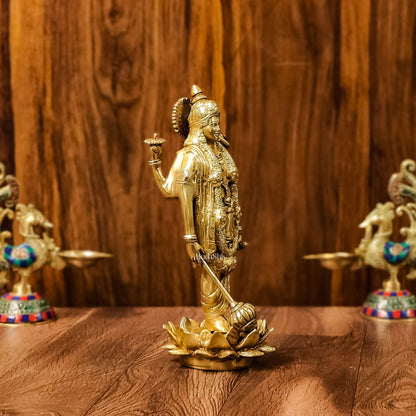 Exquisite Brass Standing Vishnu Statue on Lotus Base - 12.5 Inches