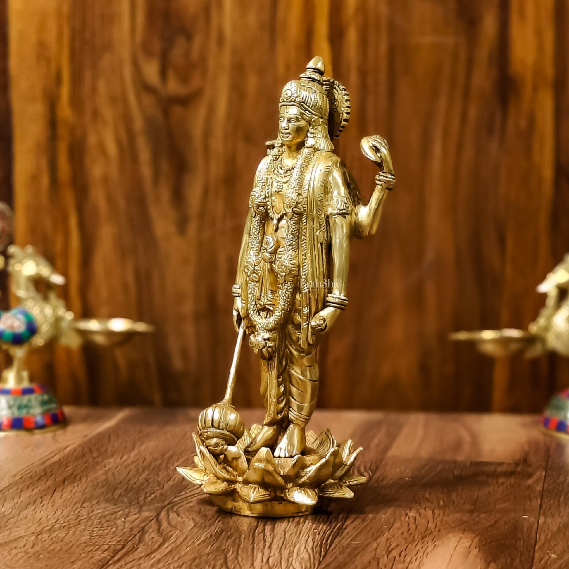 Exquisite Brass Standing Vishnu Statue on Lotus Base - 12.5 Inches