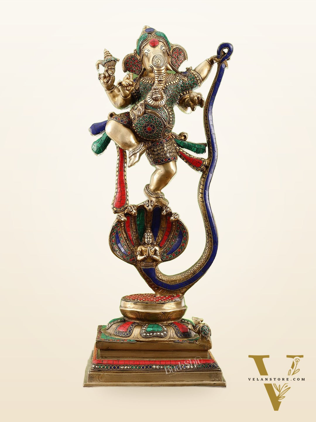 Exquisite Brass Statue of Ganapathi Dancing on Vasuki Naga 26"