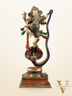 Exquisite Brass Statue of Ganapathi Dancing on Vasuki Naga 26"