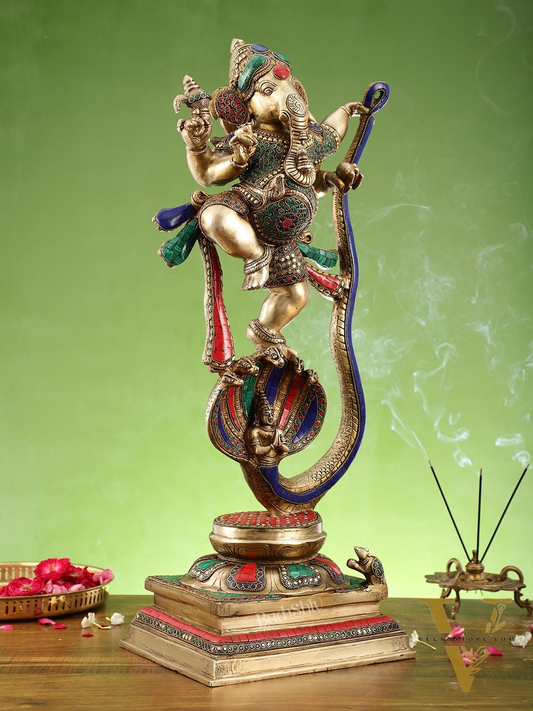 Exquisite Brass Statue of Ganapathi Dancing on Vasuki Naga 26"