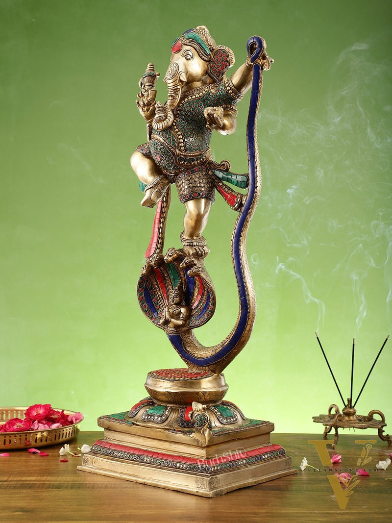 Exquisite Brass Statue of Ganapathi Dancing on Vasuki Naga 26"