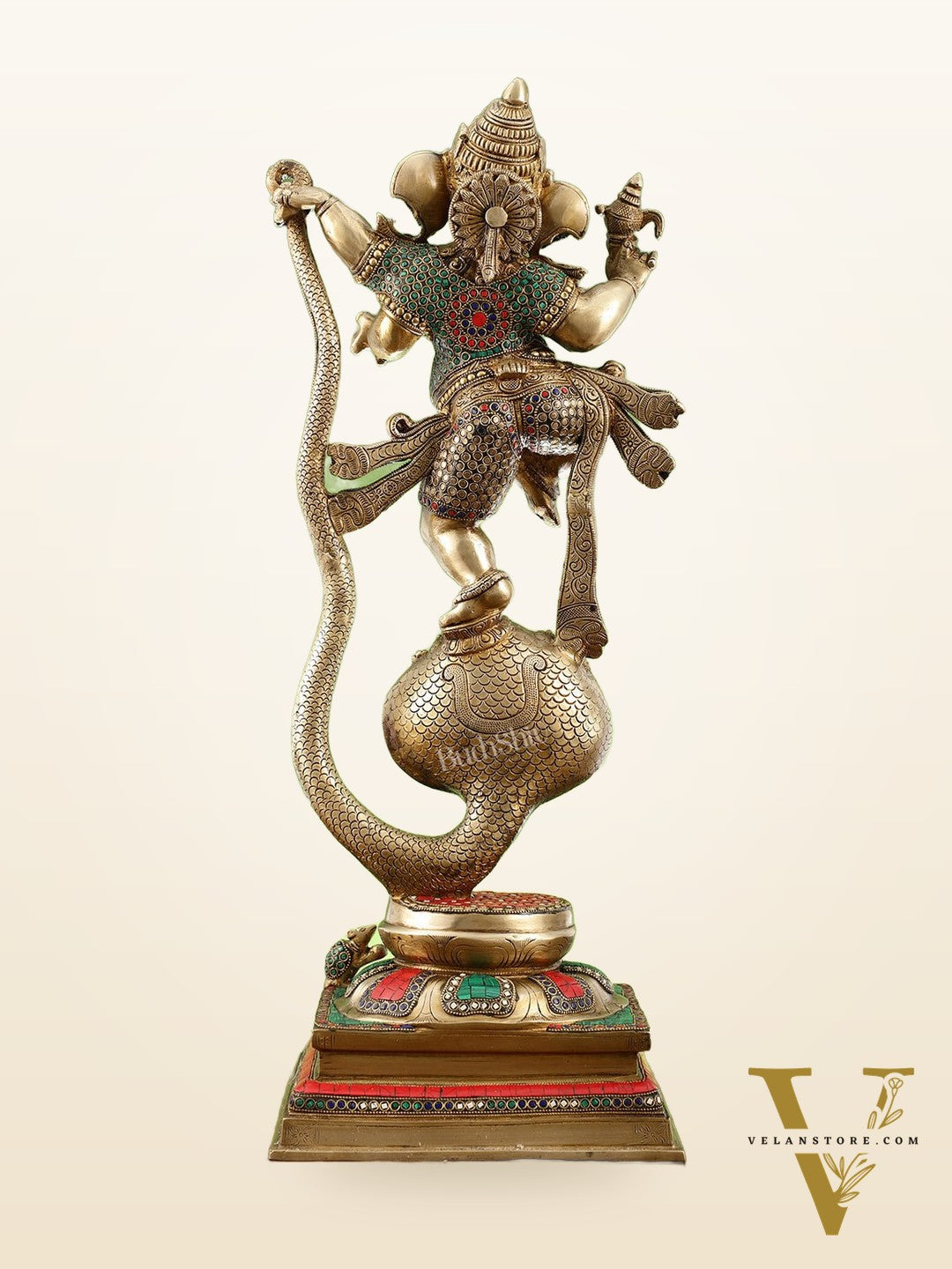 Exquisite Brass Statue of Ganapathi Dancing on Vasuki Naga 26"