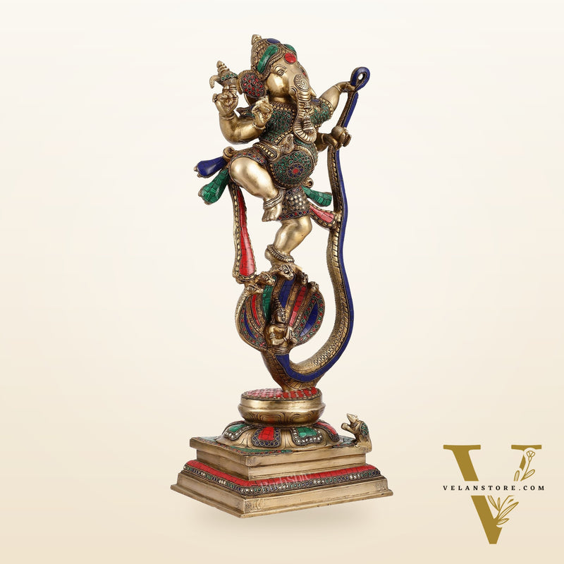Exquisite Brass Statue of Ganapathi Dancing on Vasuki Naga 26"