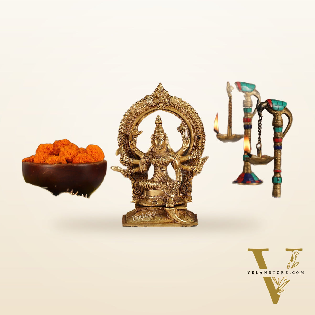 Exquisite Brass Superfine Goddess Varahi Idol with Prabhavali Frame | 8.5" Height