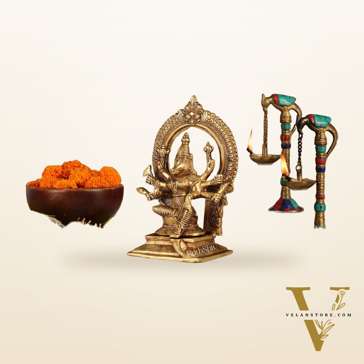 Exquisite Brass Superfine Goddess Varahi Idol with Prabhavali Frame | 8.5" Height