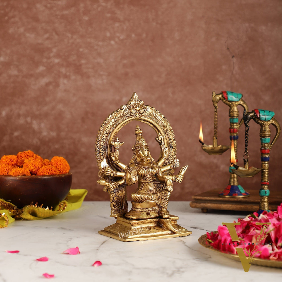 Exquisite Brass Superfine Goddess Varahi Idol with Prabhavali Frame | 8.5" Height