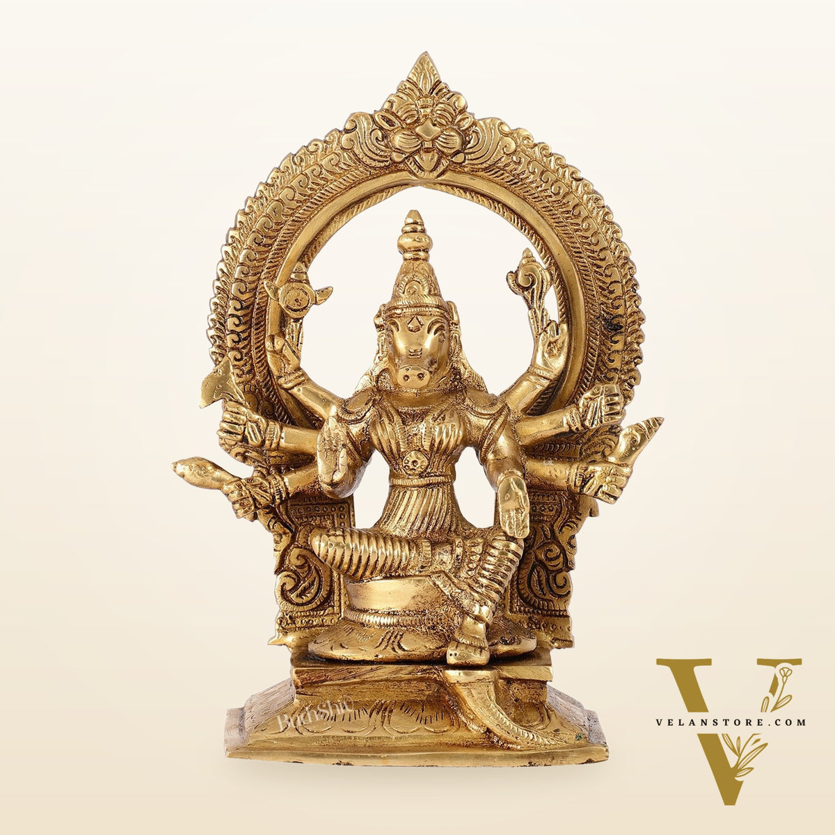 Exquisite Brass Superfine Goddess Varahi Idol with Prabhavali Frame | 8.5" Height