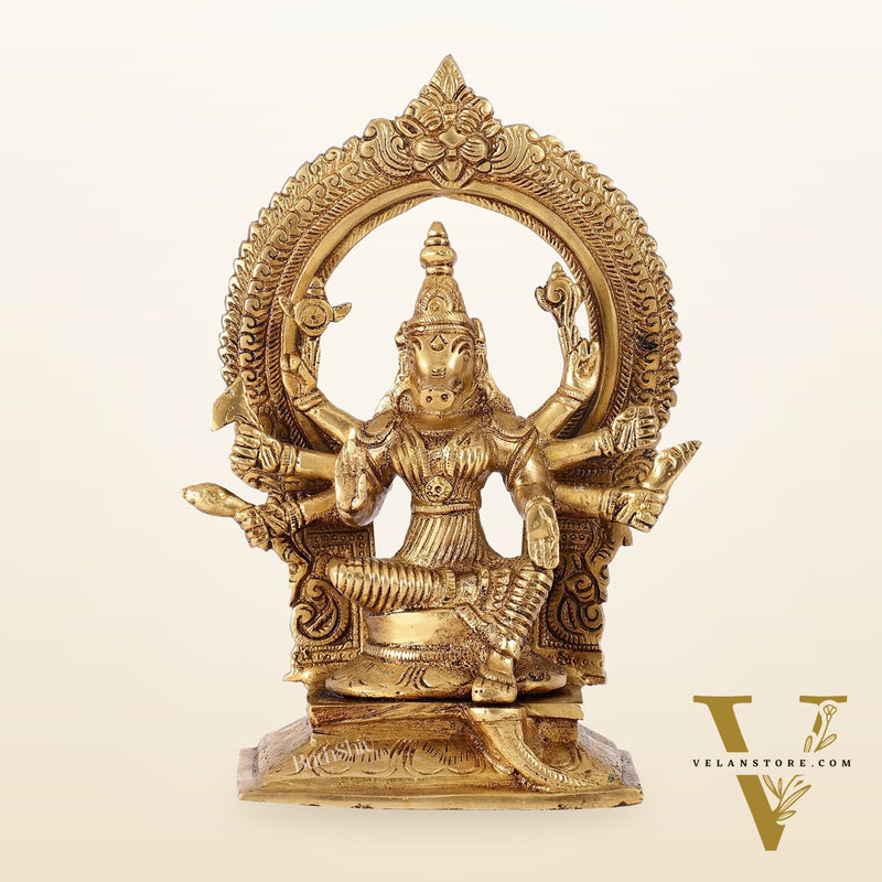 Exquisite Brass Superfine Goddess Varahi Idol with Prabhavali Frame | 8.5" Height