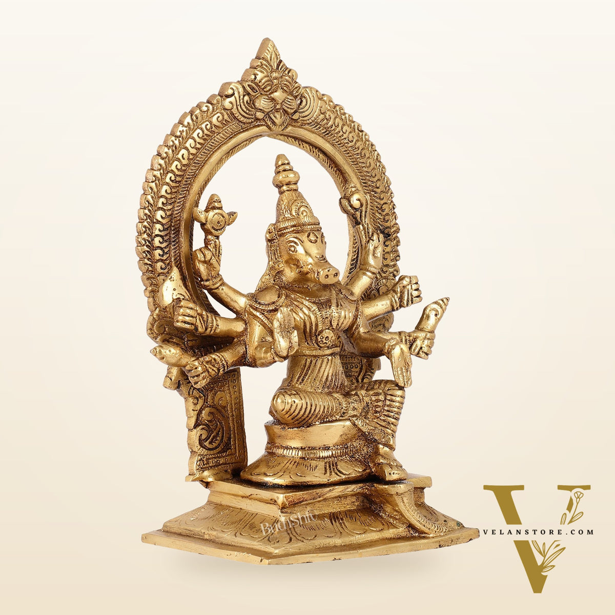 Exquisite Brass Superfine Goddess Varahi Idol with Prabhavali Frame | 8.5" Height