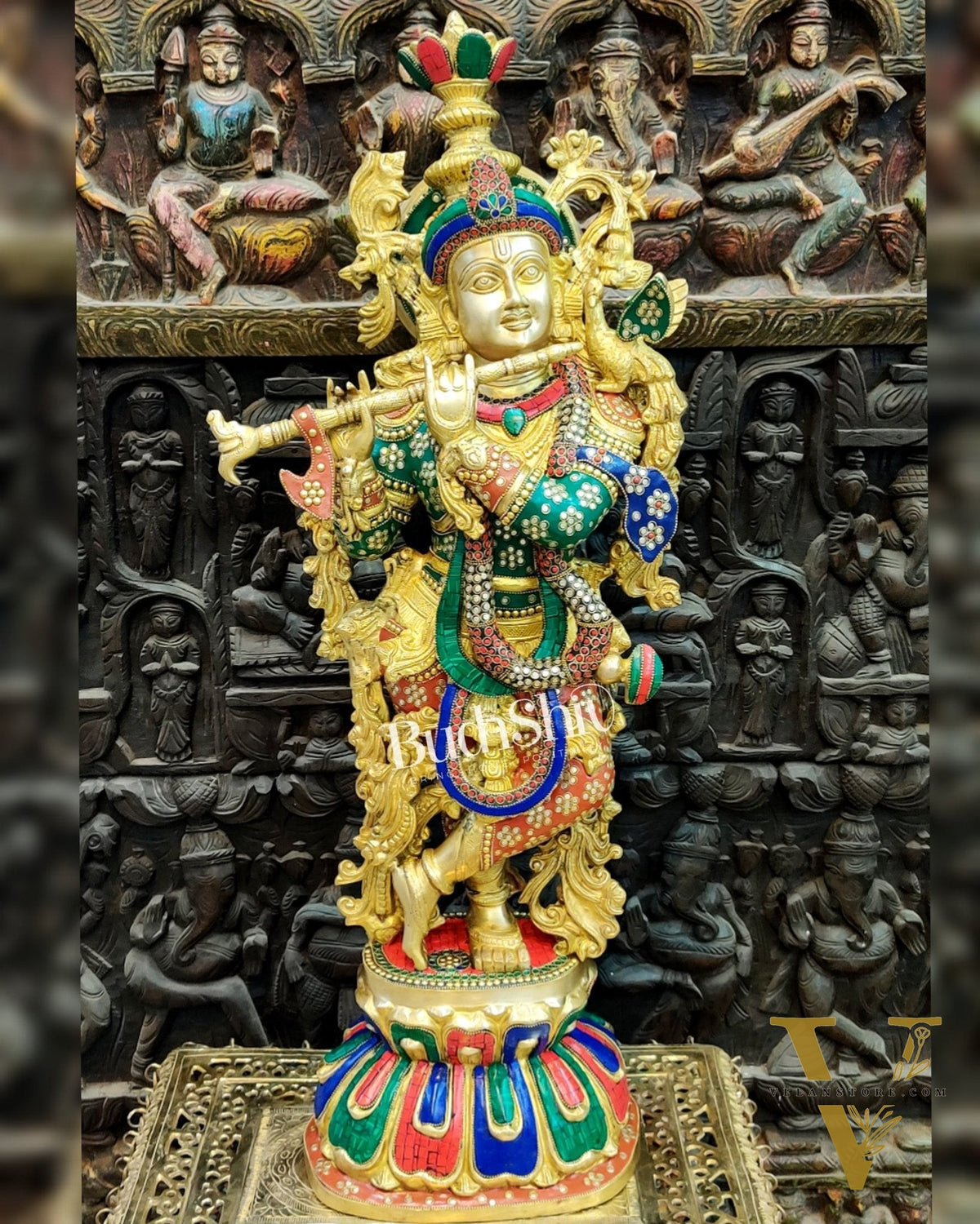 Exquisite Brass Superfine Krishna Statue | Height 36 Inches | Inlay Stonework