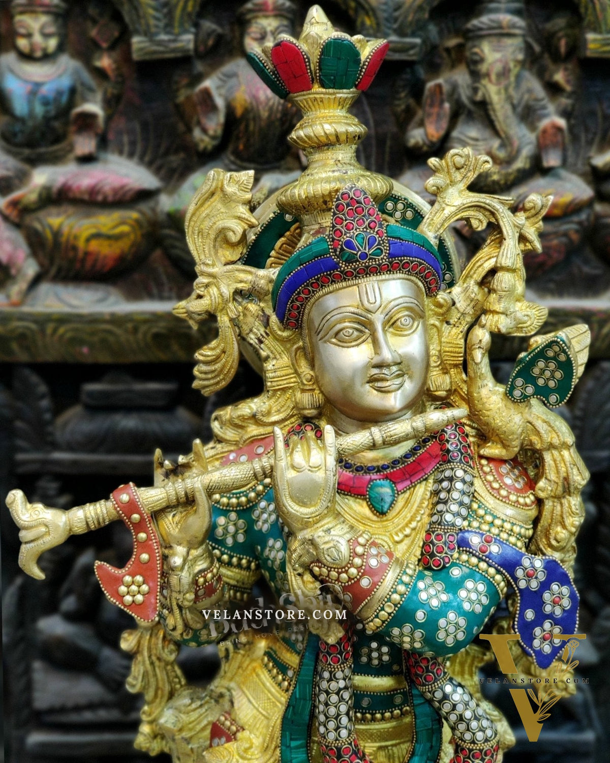 Exquisite Brass Superfine Krishna Statue | Height 36 Inches | Inlay Stonework