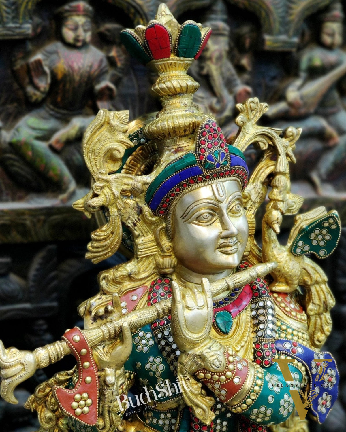 Exquisite Brass Superfine Krishna Statue | Height 36 Inches | Inlay Stonework