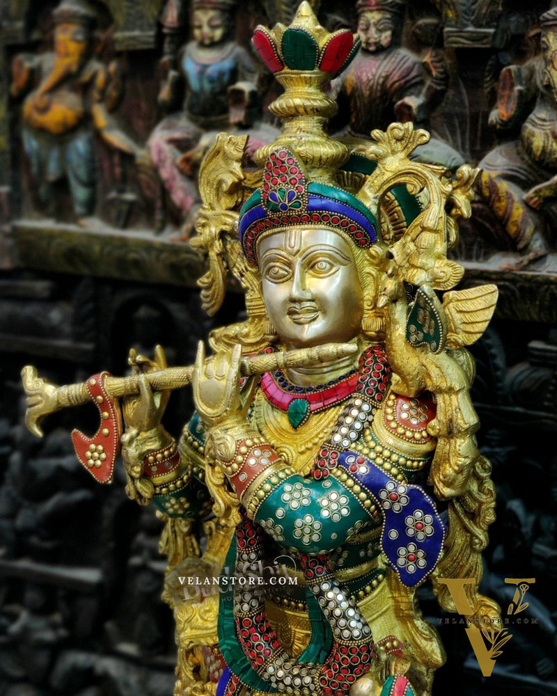 Exquisite Brass Superfine Krishna Statue | Height 36 Inches | Inlay Stonework