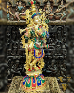 Exquisite Brass Superfine Krishna Statue | Height 36 Inches | Inlay Stonework