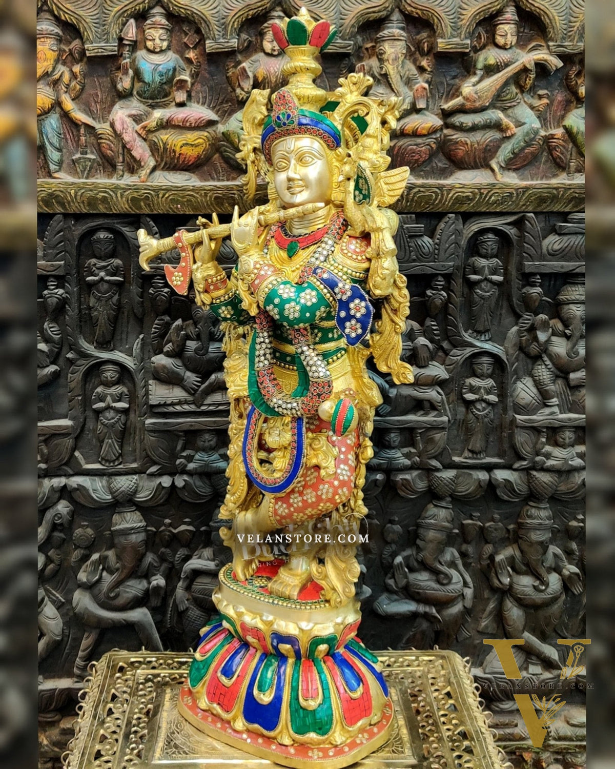 Exquisite Brass Superfine Krishna Statue | Height 36 Inches | Inlay Stonework