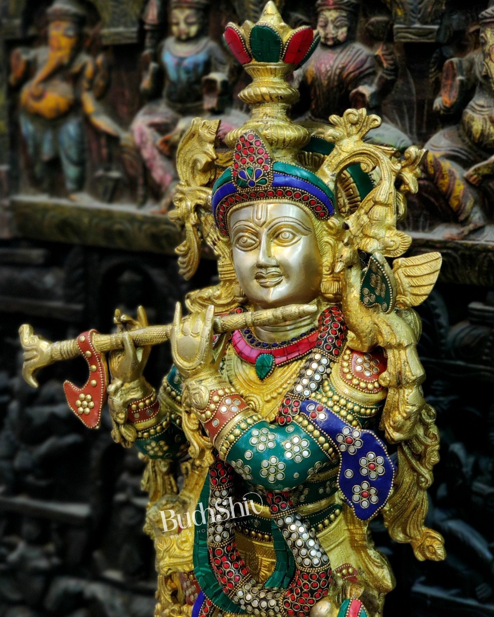 Exquisite Brass Superfine Krishna Statue | Height 36 Inches | Inlay Stonework