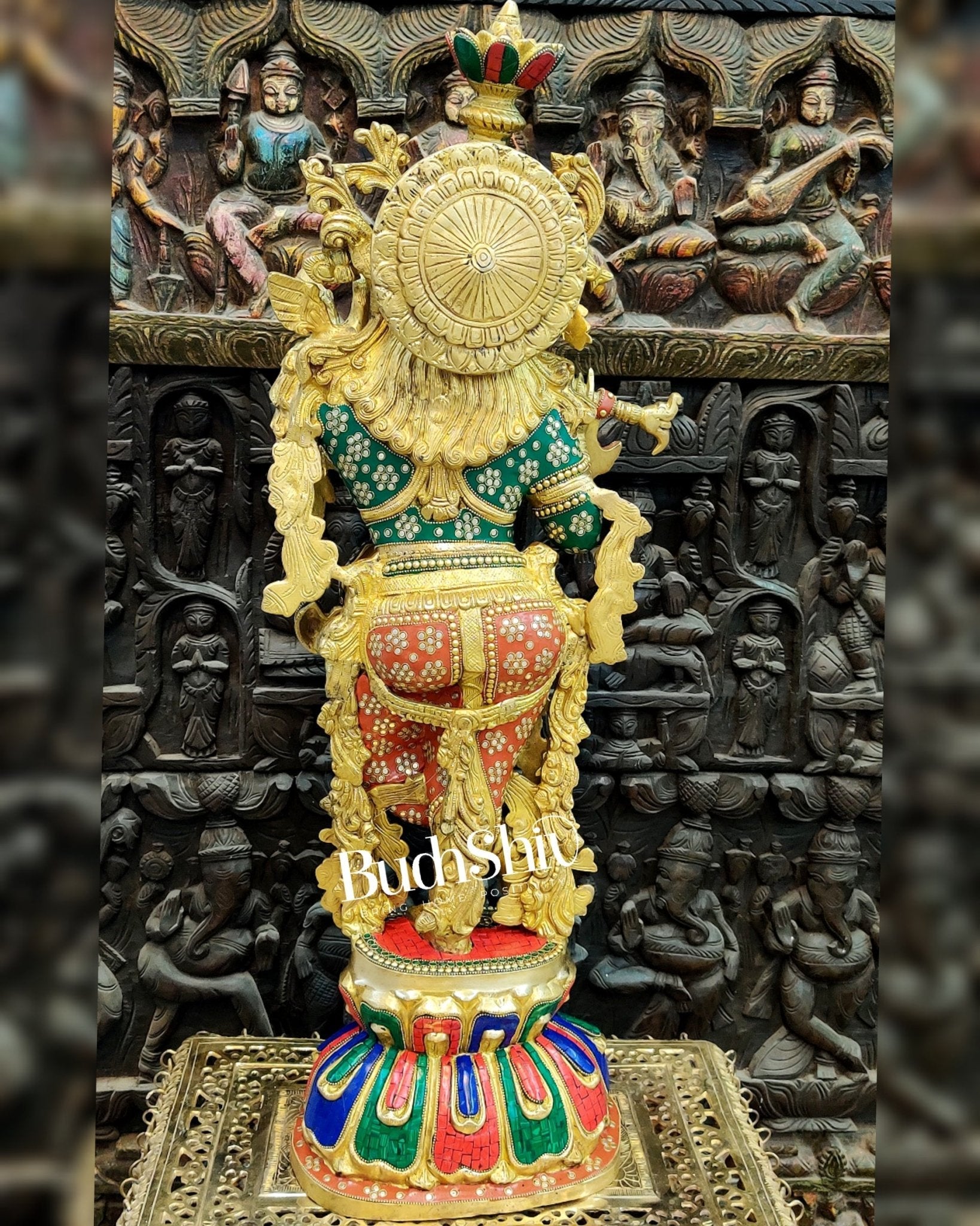 Exquisite Brass Superfine Krishna Statue | Height 36 Inches | Inlay Stonework
