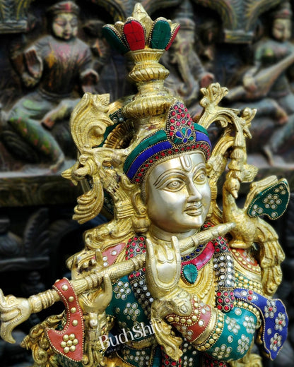 Exquisite Brass Superfine Krishna Statue | Height 36 Inches | Inlay Stonework