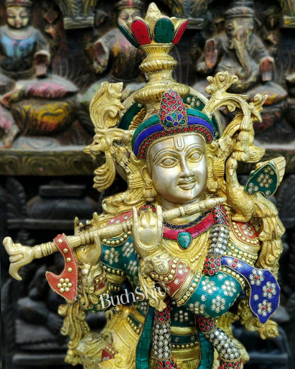 Exquisite Brass Superfine Krishna Statue | Height 36 Inches | Inlay Stonework