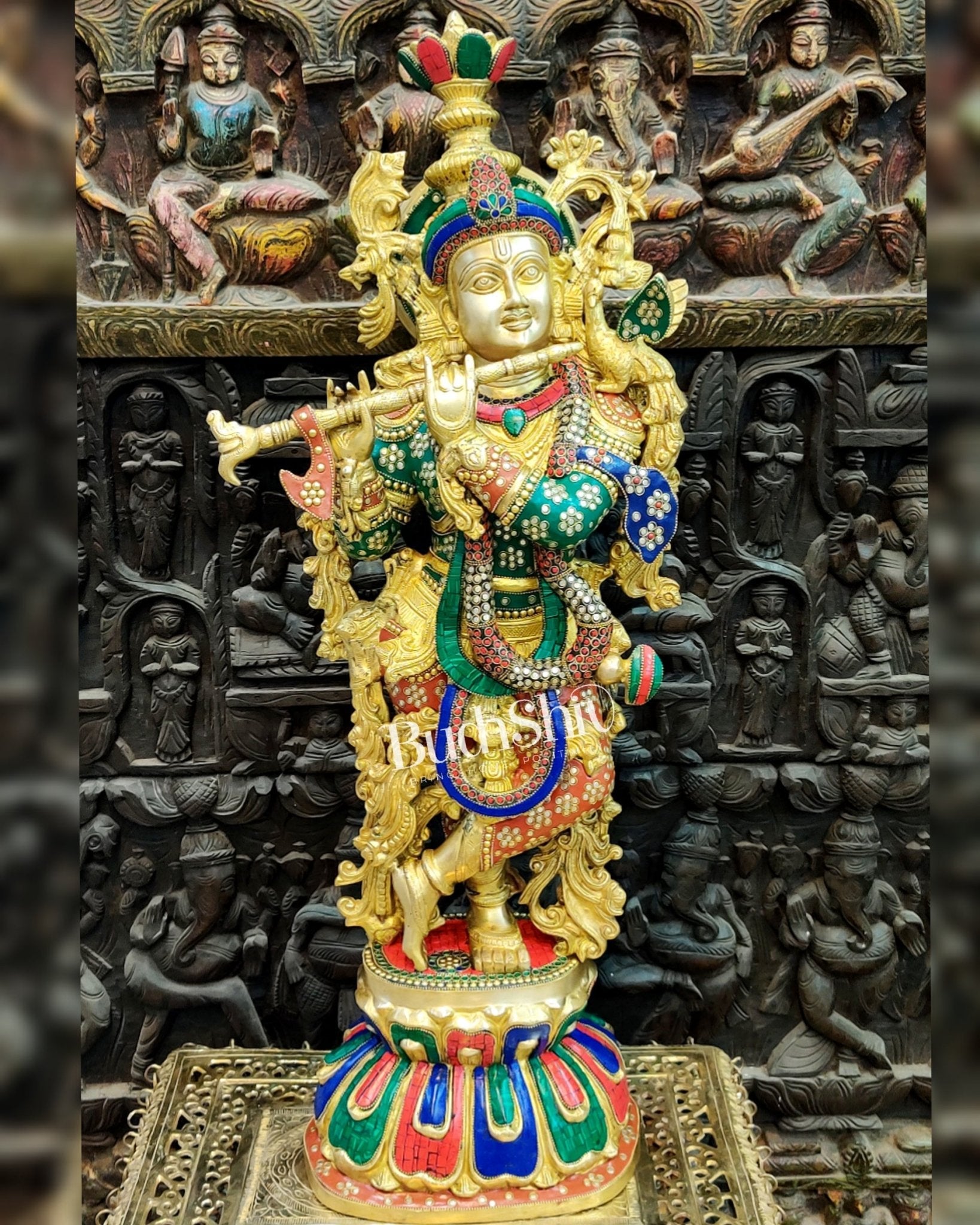 Exquisite Brass Superfine Krishna Statue | Height 36 Inches | Inlay Stonework