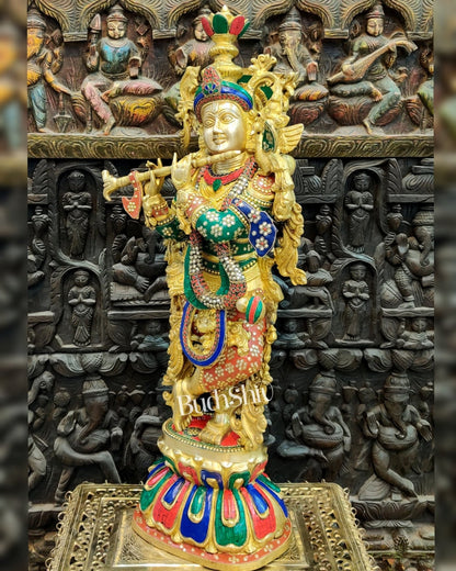 Exquisite Brass Superfine Krishna Statue | Height 36 Inches | Inlay Stonework