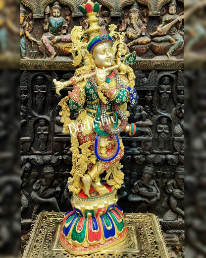 Exquisite Brass Superfine Krishna Statue | Height 36 Inches | Inlay Stonework