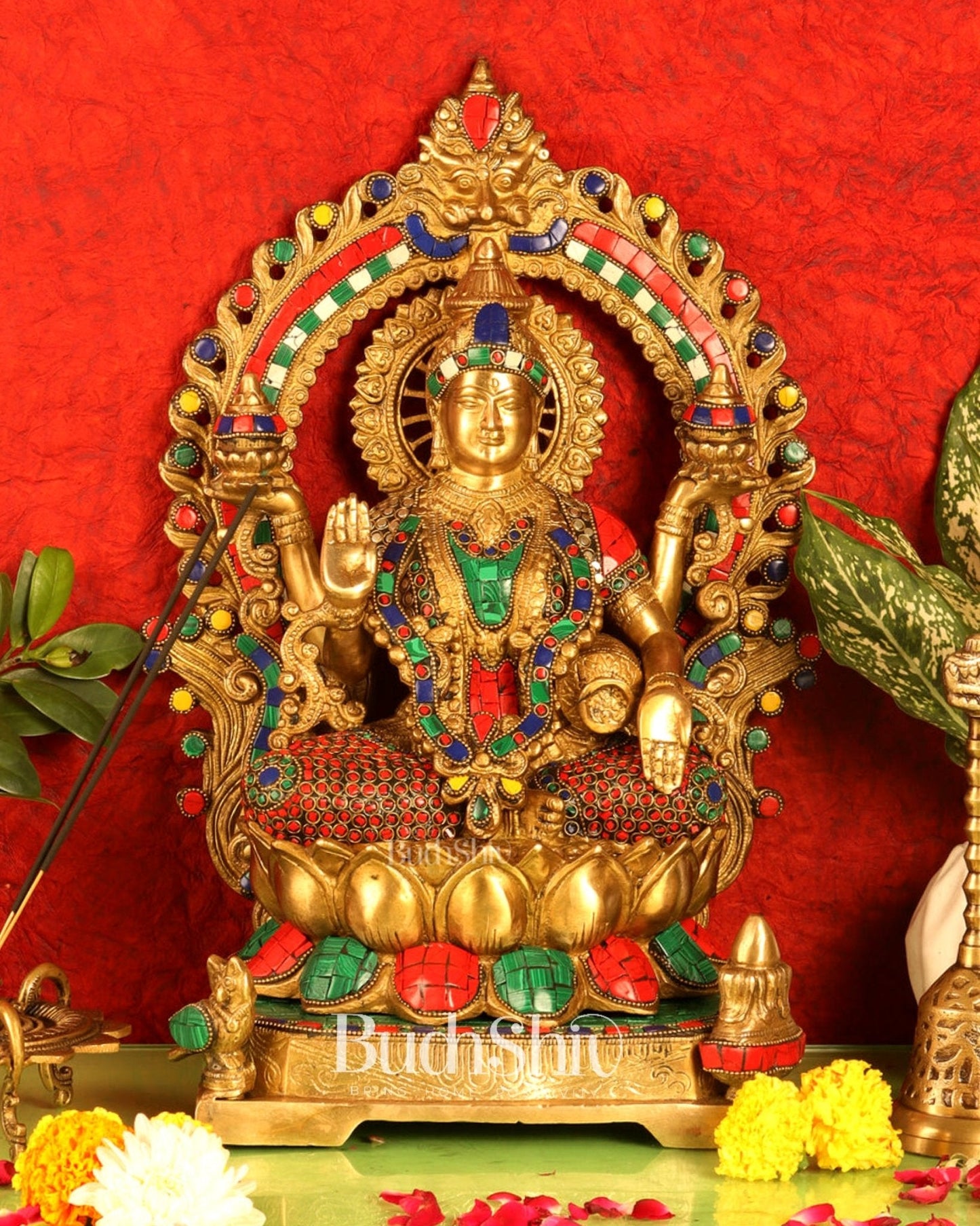 Exquisite Brass Superfine Lakshmi statue with Natural Stones17 "