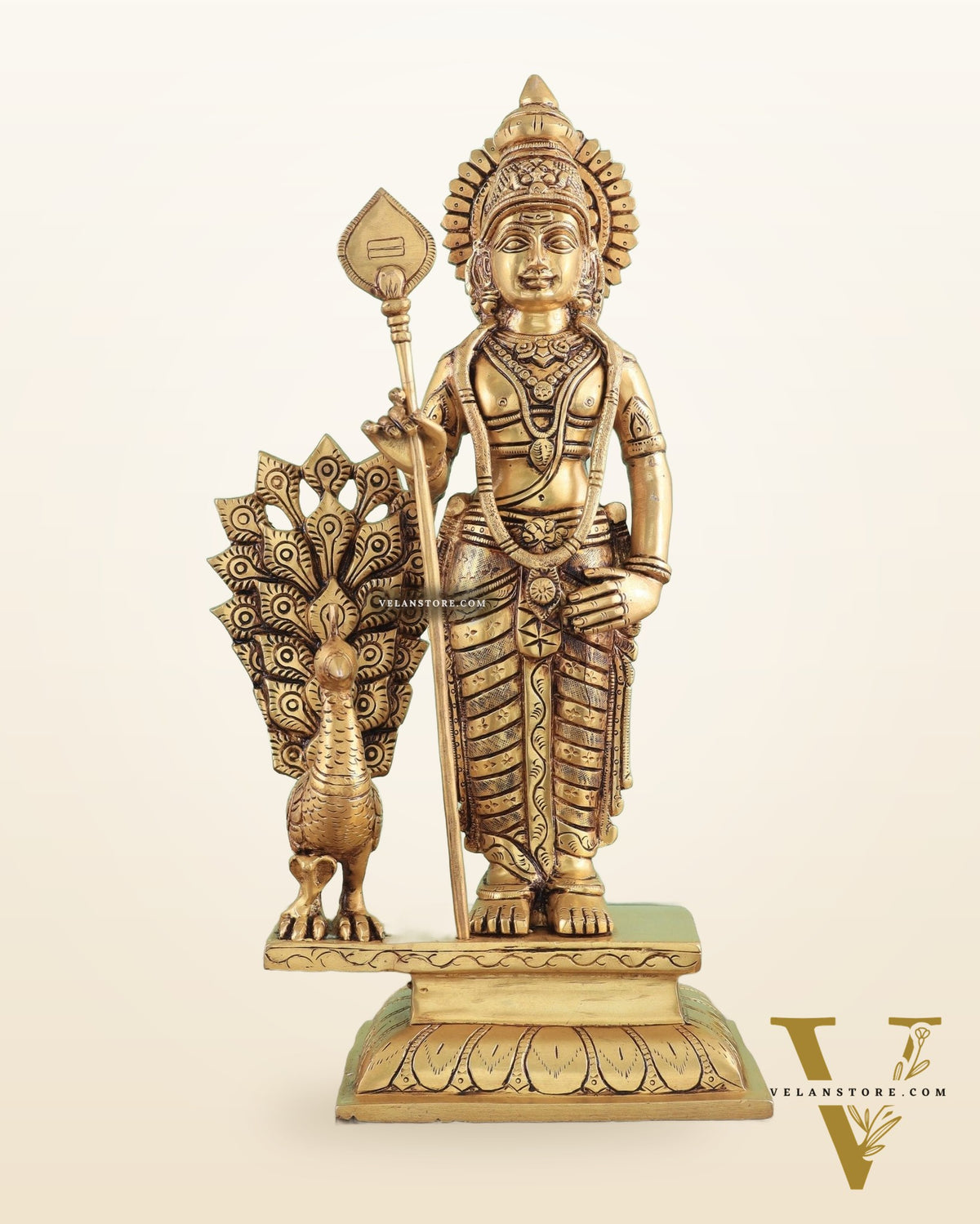 Exquisite Brass Superfine Lord Murugan with Peacock Statue - 16 Inches Tall