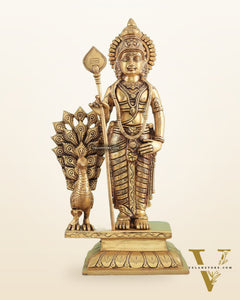 Exquisite Brass Superfine Lord Murugan with Peacock Statue - 16 Inches Tall