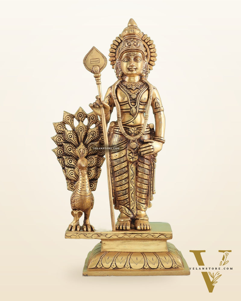 Exquisite Brass Superfine Lord Murugan with Peacock Statue - 16 Inches Tall