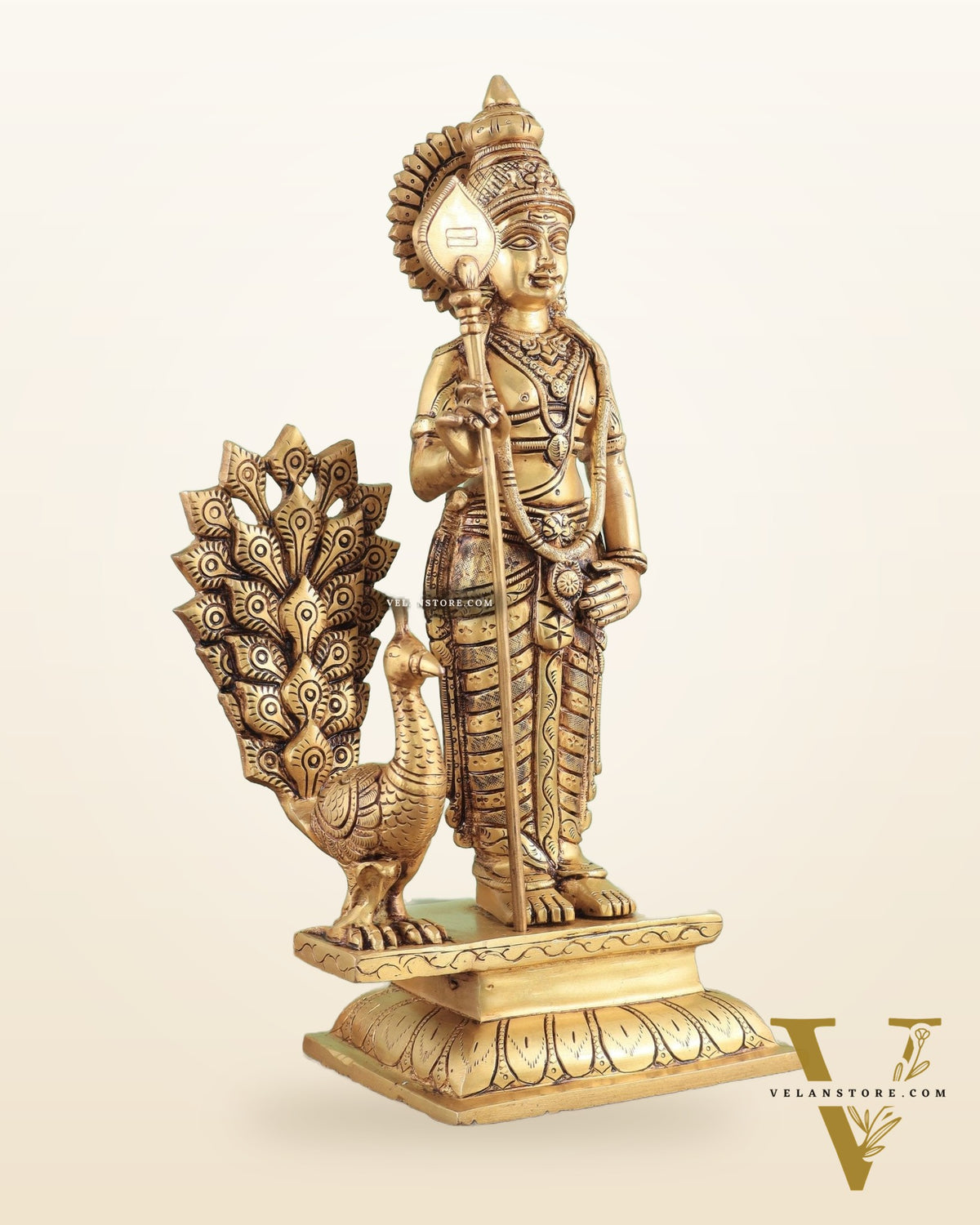 Exquisite Brass Superfine Lord Murugan with Peacock Statue - 16 Inches Tall