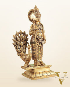 Exquisite Brass Superfine Lord Murugan with Peacock Statue - 16 Inches Tall