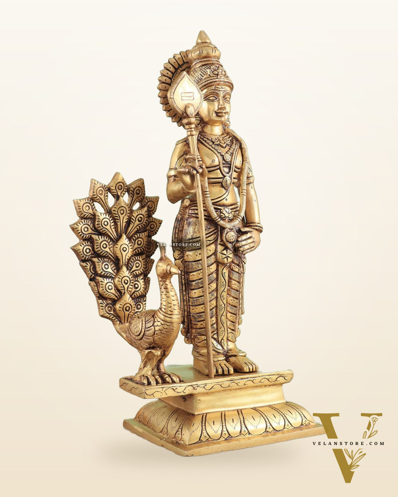 Exquisite Brass Superfine Lord Murugan with Peacock Statue - 16 Inches Tall